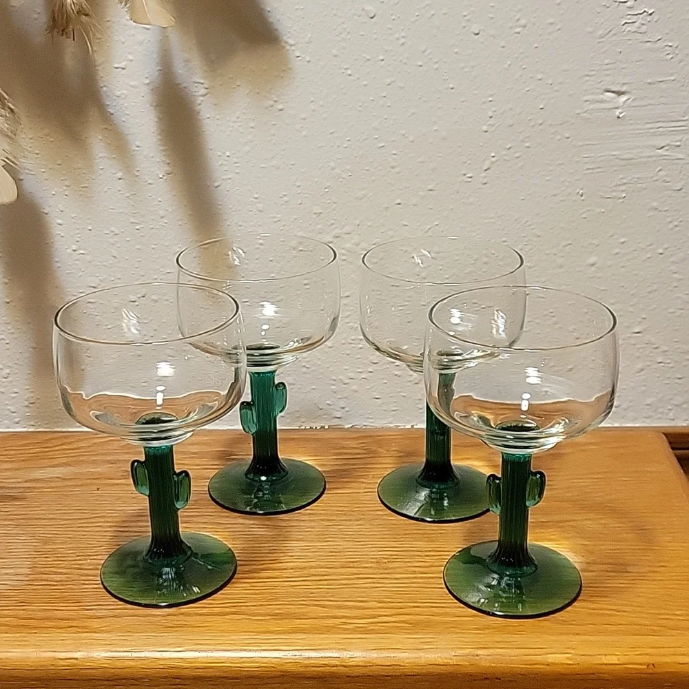 4 Vtg Libby Green Saguaro Cactus Margarita Glasses 8oz Cozumel Green